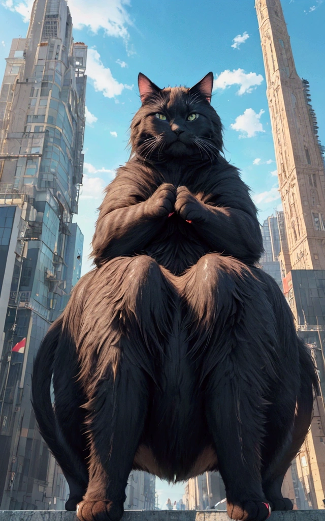 score_9,(best quality,4k,8k,highres,masterpiece:1.2),a ultra-gigantic cat sits on a building, crowd, city, from below, cinematic angle, anime, ultra-detailed,vivid colors,