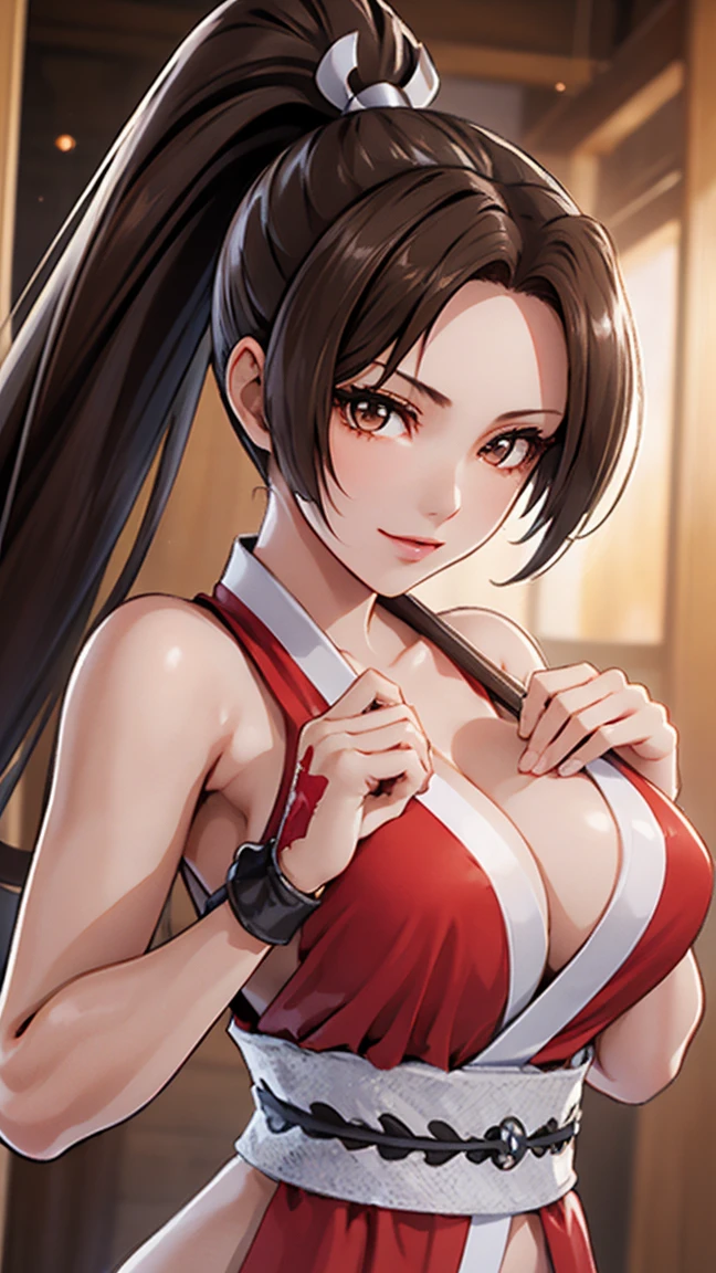 ((8k)), ((32K)), ((Highest quality)), ((masterpiece)), ((超High resolution)), ((Tmasterpiece)), (((head shot:1.6)))、((8k)), ((32K)), ((Highest quality)), ((masterpiece)), ((超High resolution)), Fine skin、1 woman、pink sexy dresseai shiranui:1.2)), Expose your shoulders、Brown Hair, Brown eyes, Long and high ponytail, hair band, 1 person、Captivating smile, 25 years old, Japanese Mature, Beautiful refers to, Beautiful long legs, Beautiful body, beautiful nose, Beautiful character design, Perfect Eyes, Perfect Face, jewelry, hair ornaments, king of fighters,((Large Handheld Fan:1.6))、 (Tabletop, Highest qualityの, Highest quality, beautifully、beautiful: 1.2), Very detailed, More detailed,Proper Body Professional Portion,Tabletop,Ultra-high quality output images,High resolution,Intricate details,Very delicate and beautiful hair,Realistic photos,dream-like,Professional Lighting,Realistic Shadows,Focus Only, (Big Breasts:1.2,) , Floating skirt Fine skin texture, High quality fabric, High quality metallic texture、((Beautiful and dense face))、RAW Photos、Professional, Ultra-fine painting, ((alone)), Beautiful breasts、Highest quality, Very detailed, Very detailed, Finer details, so beautiful,(Five Fingers, Four fingers and thumb),Concept Art, Anime fantasy artwork, Detailed fantasy art,8kHigh resolution, Detailed Art, 8 Slim legs, Defined, Defined fingers