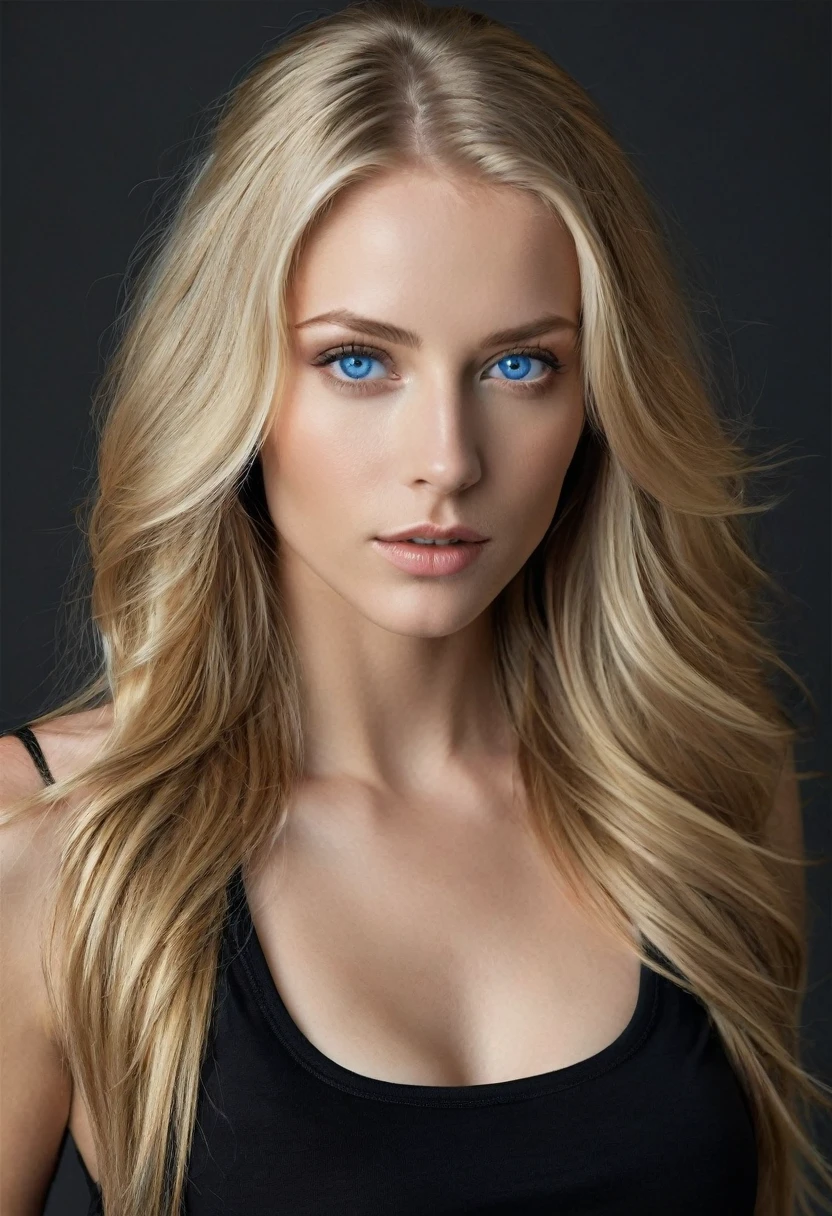 Portrait of a stunning woman with piercing blue eyes and long flowing blonde hair, wearing black tank-top, realistic, intricate details in the clothing and facial features, studio lighting to enhance the depth and realism of the image