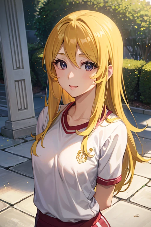 mori yuki、Shiny golden hair, Long Hair, (Beautiful blue eyes、Sparkling eyes, Fine grain)、smile、Ultra-detailed eyes、Highly detailed face, Highly detailed eyes, , Cowboy Shot、 


masterpiece、High resolution、High resolution、High resolution、1 female、Very close、((Depiction of only the upper body))、
、優しいsmile、Laughing with your mouth open、Pink Lip Gloss、((Thin high leg sportswear、mansuji、Place your hands behind your back))、Gym