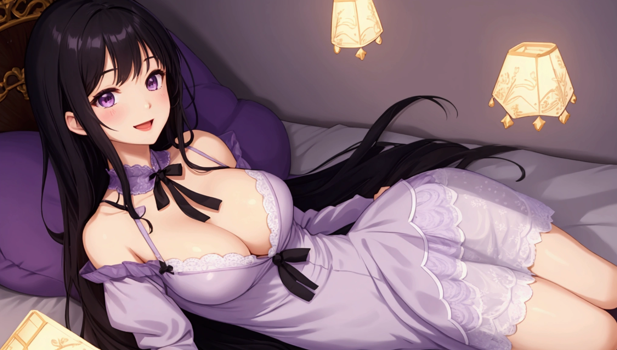 Only one female,G Cup, A light smile, Delicate illustrations, super detailed, Meeting　Dress neatly　Purple Blouse　Black Hair,I have a present,Overjoyed,Open your mouth