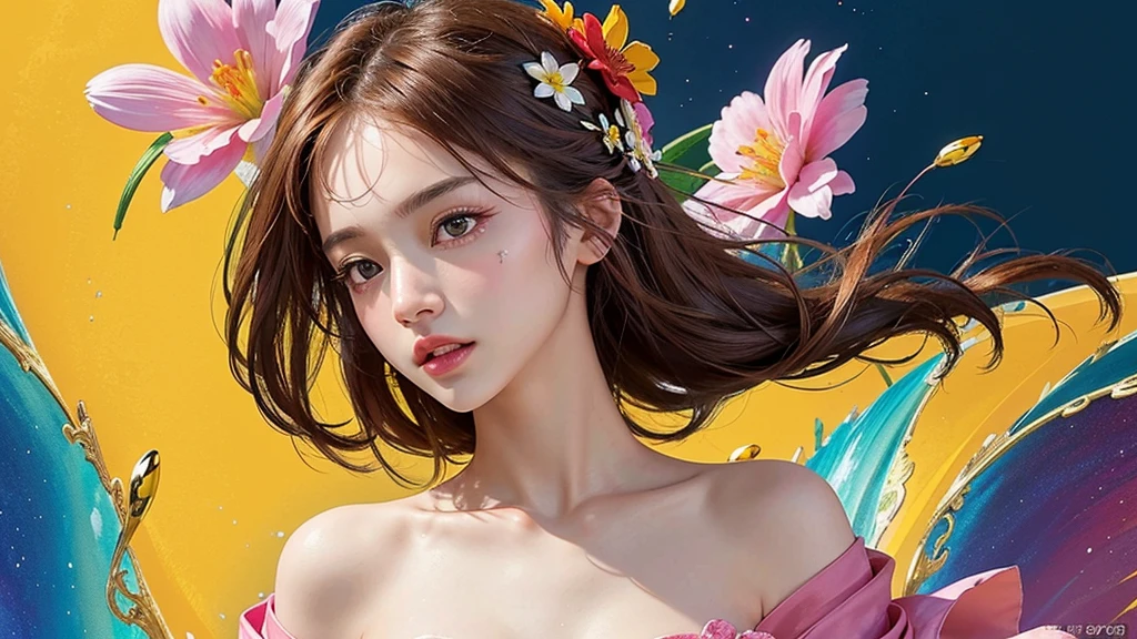 One girl, alone, flower畑, flower, (Official Art, unity 8k wallpaper, Super detailed, beautifully、aesthetic, masterpiece ,Highest quality:1.3), (Dynamic Angle:1.4), (Floating colorful sparkles:1) , elegant, Vibrant colors, Highly detailed face, Detailed eyes, Glowing Skin, Glossy Lips , Red and yellow background, Brown Hair,