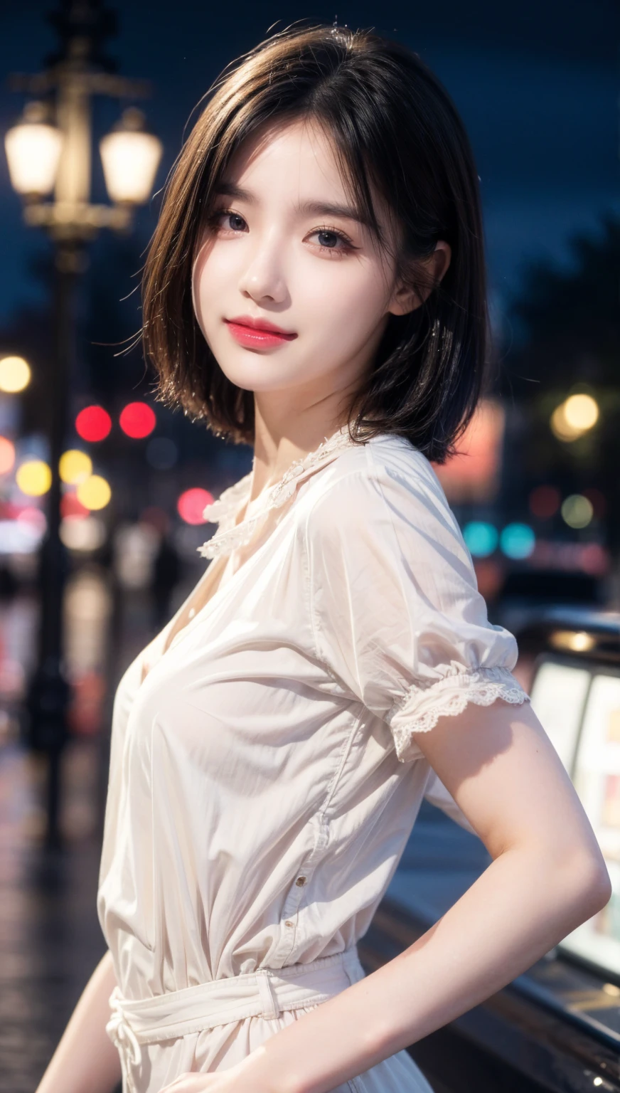 (8k, top quality, masterpiece: 1.2), (realistic, photorealistic: 1.37), super detailed, girl 1 person, 17 years old, solo, small breasts, beautiful detailed sky, detailed café, night, (blush), (smile: 1.15), (closed mouth), small, (shirt with collar: 1.1), night, wet, office clothes, rain, white lace, (short hair: 1.2), floating hair NovaFrogStyle, random sexy poses,