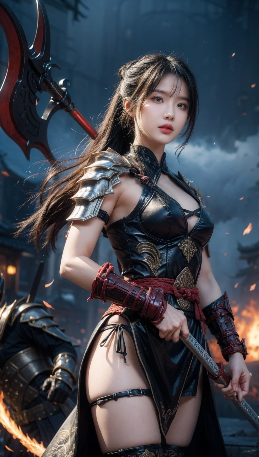 (best quality), detailed background, oriental nobless,warrior girl,combat arts,holding halberd,oni, monster army