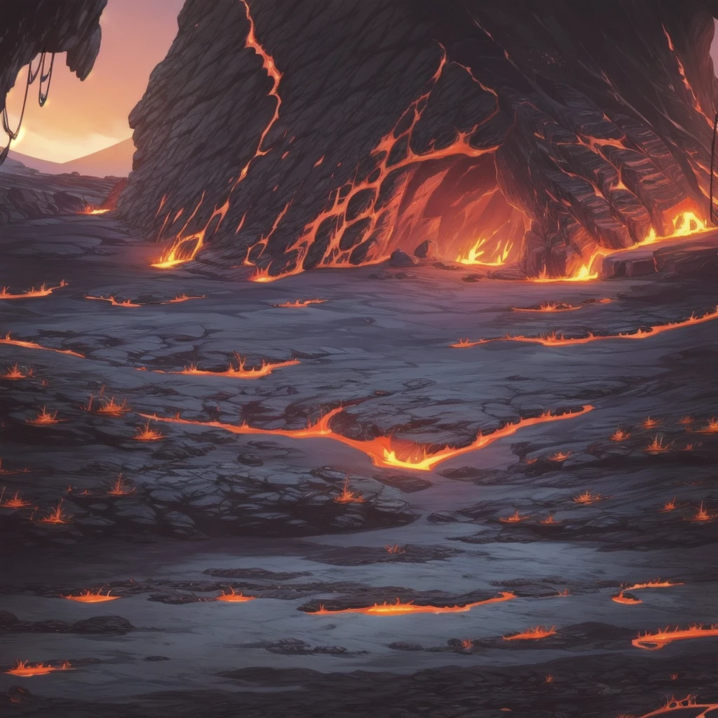 concept art, Horizontal Scene, horizon composition, There are no humans, sight, underground cave, rock, volcanic area, lava