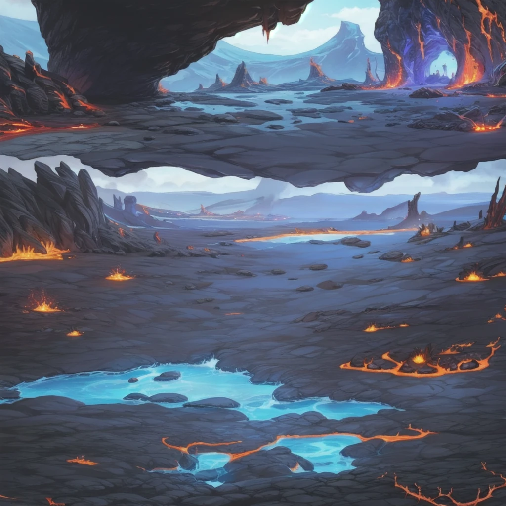 concept art, Horizontal Scene, horizon composition, There are no humans, sight, underground cave, rock, volcanic area, lava