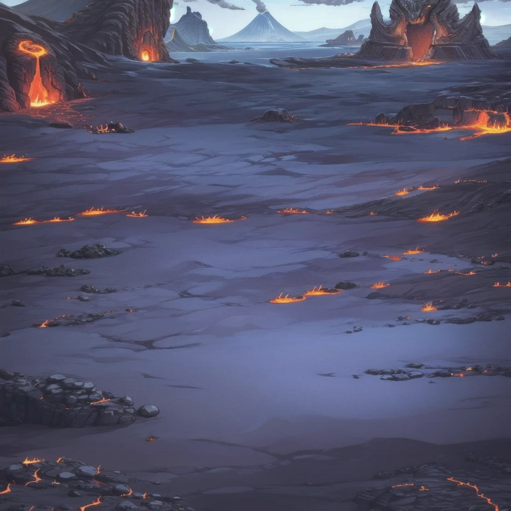 concept art, Horizontal Scene, horizon composition, There are no humans, sight, underground cave, rock, volcanic area, lava