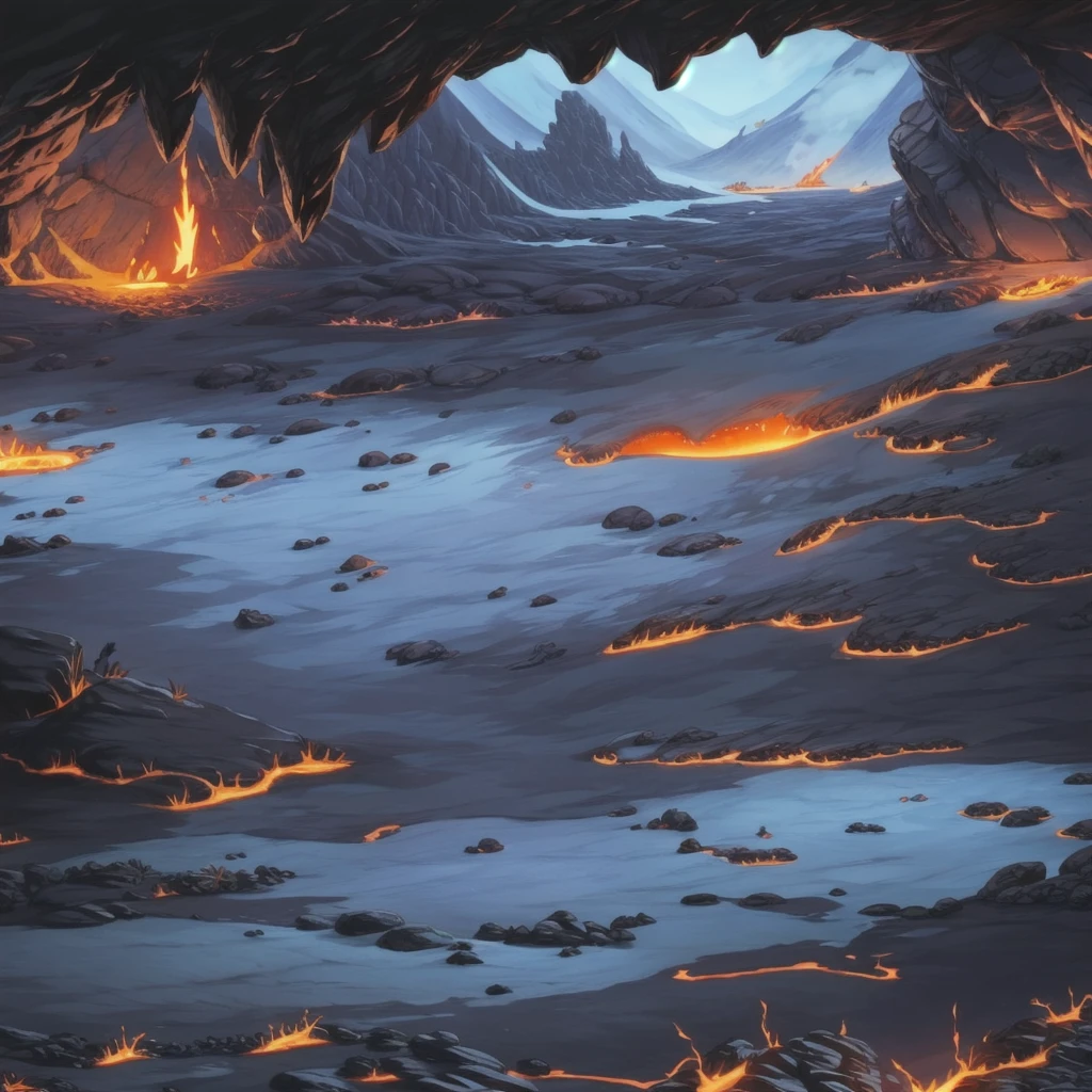 concept art, Horizontal Scene, horizon composition, There are no humans, sight, underground cave, rock, volcanic area, lava