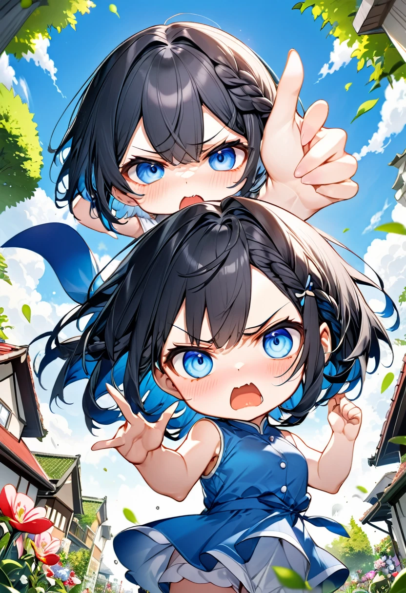 Highest quality、High resolution、Detailed Background、Beautiful face in every detail、Anatomically correct、Detailed facial expressions、fine grain、((From below))、((One Girl))、Chibi Girl、 Black Hair、beautiful clear big blue eyes、Braided Bob、Sleeveless dress、garden、Very angry、One hand raised, ready to hit the viewer