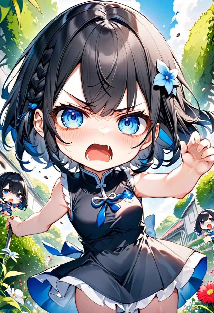 Highest quality、High resolution、Detailed Background、Beautiful face in every detail、Anatomically correct、Detailed facial expressions、fine grain、((From below))、((One Girl))、Chibi Girl、 Black Hair、beautiful clear big blue eyes、Braided Bob、Sleeveless dress、garden、Very angry、One hand raised, ready to hit the viewer