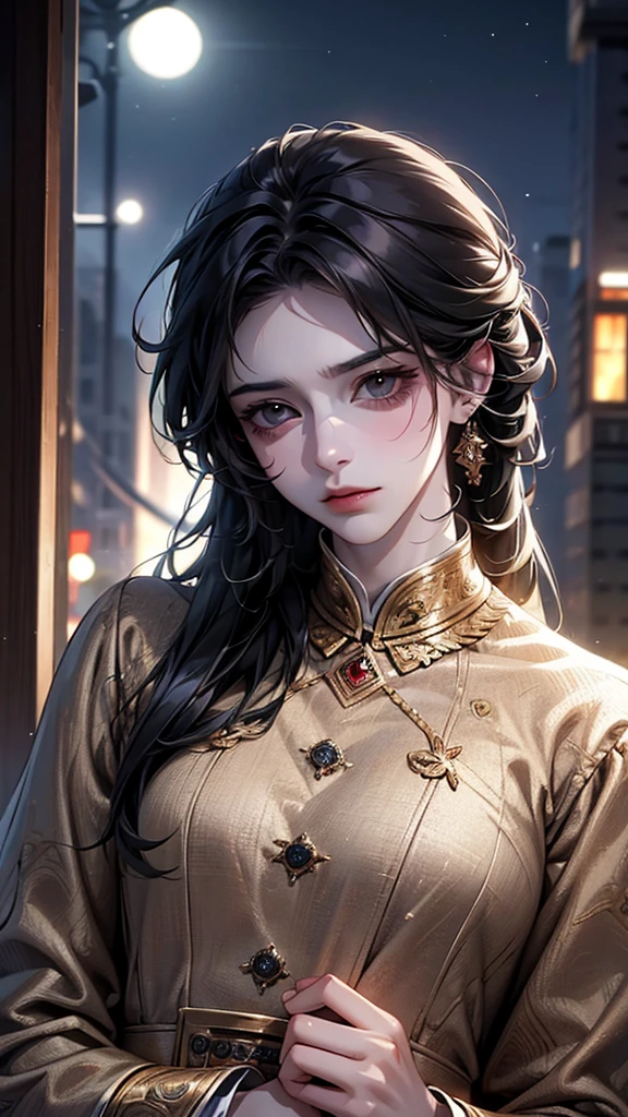 black hair, Surrealism, 8k, super detail, UHD, masterpiece, accurate, anatomically correct, textured skin, super detail, high details, high quality, award winning, best quality, highres
"A man standing in a nighttime setting. He exudes a quiet and alluring aura, with a look of boredom and weariness in his eyes. His expression is languid and detached, giving off an air of disinterest in everything around him."