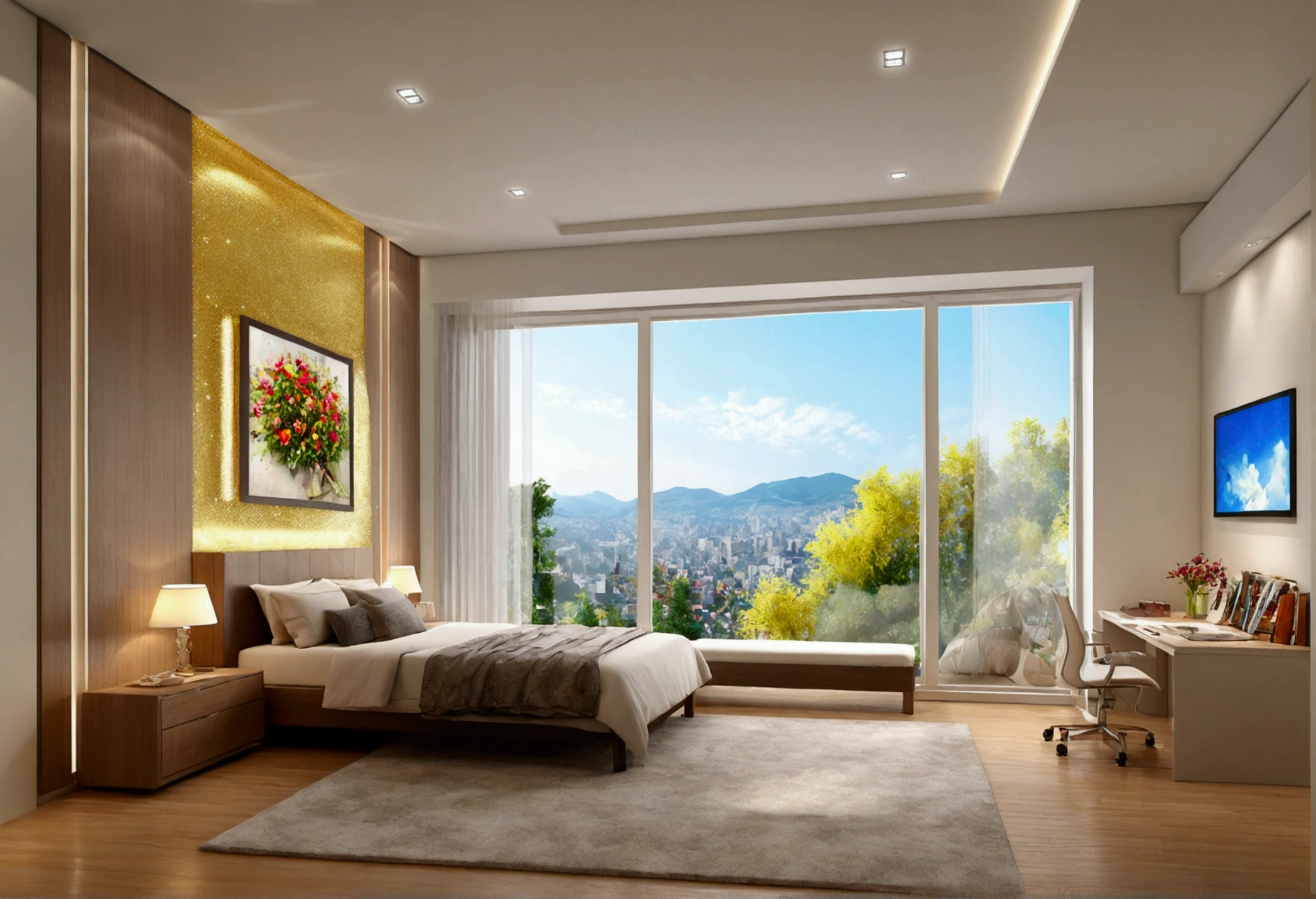 one's home, Large windows and beautiful views,High Girl Room,Glitter effect,Highest quality, 8k, High resolution, masterpiece:1.2, Very detailed, Realistic:1.37, High resolution, 超High resolution, Ultra-fine painting, Very detailed, Professional, Vibrant colors