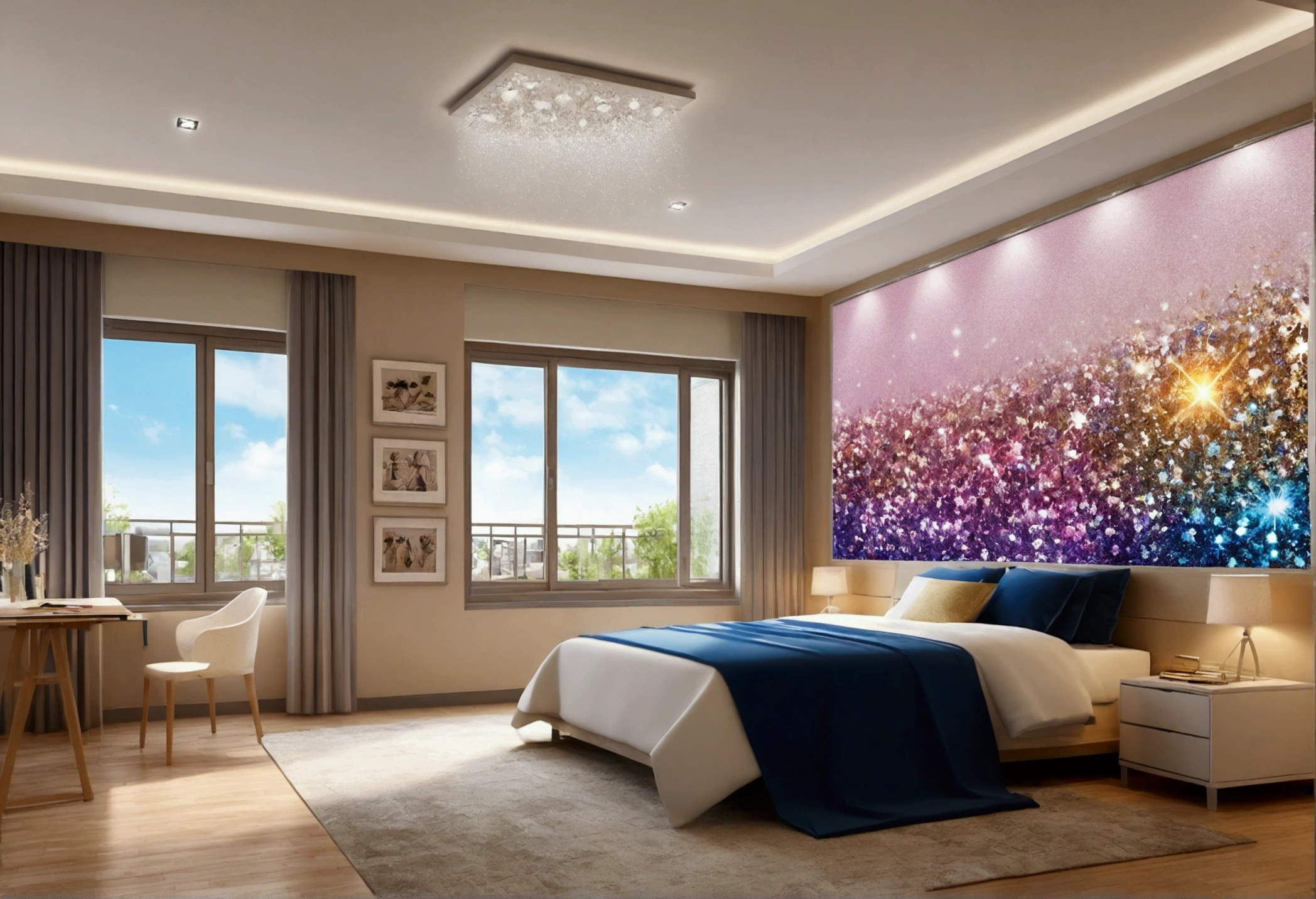 one's home, Large windows and beautiful views,High School Girl Room,Glitter effect,Highest quality, 8k, High resolution, masterpiece:1.2, Very detailed, Realistic:1.37, High resolution, 超High resolution, Ultra-fine painting, Very detailed, Professional, Vibrant colors