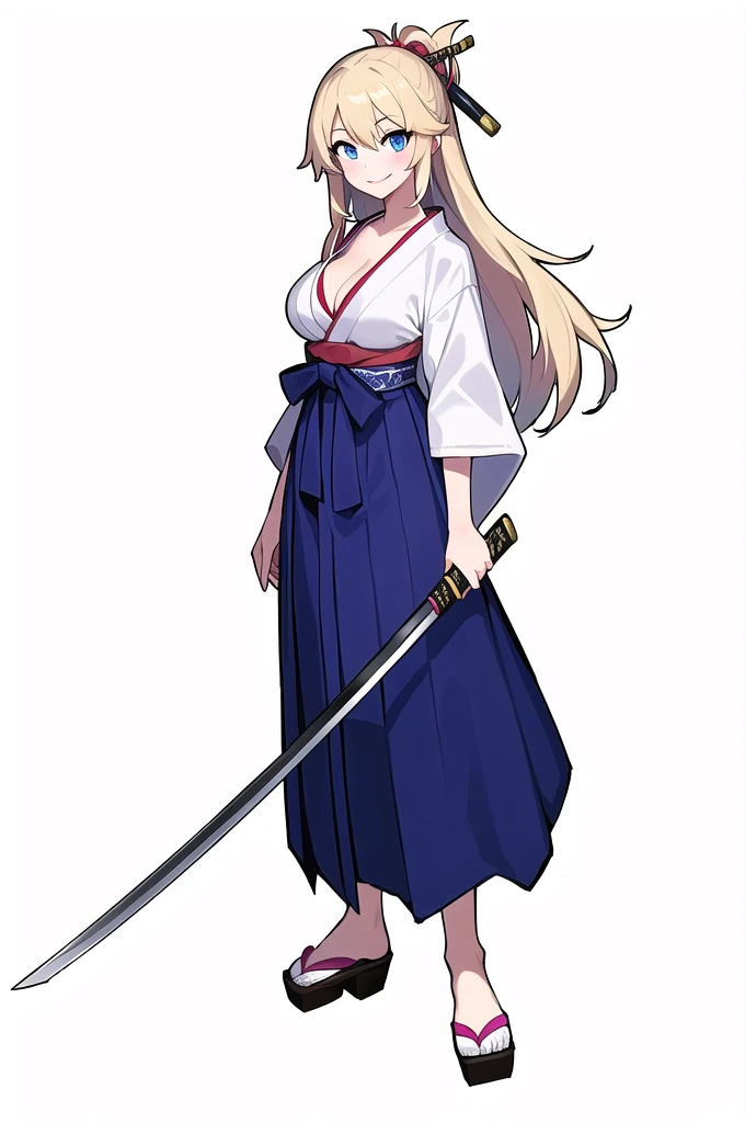 masterpiece, best quality, 1 girl, solo, large breasts, cleavage, light blue eyes, hairs between eyes, blonde waist length wavy hair, smile, she wears pink lipstick, japanese katana, shoot from front, (full body:1.3), White background only, Standing, japanese samurai Costume, samurai kimono hakama,