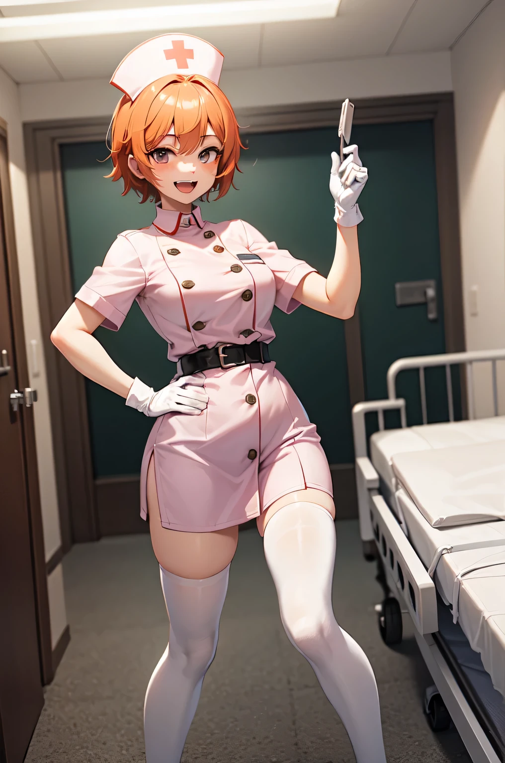 1girl, solo, nurse, nurse cap, white nurse uniform, ((white legwear, zettai ryouiki)), white gloves, very short hair, orange hair, smile, open mouth, standing, ((hospital room)), sharp outline, short sleeves, tomboy, boyish, best quality, masterpiece