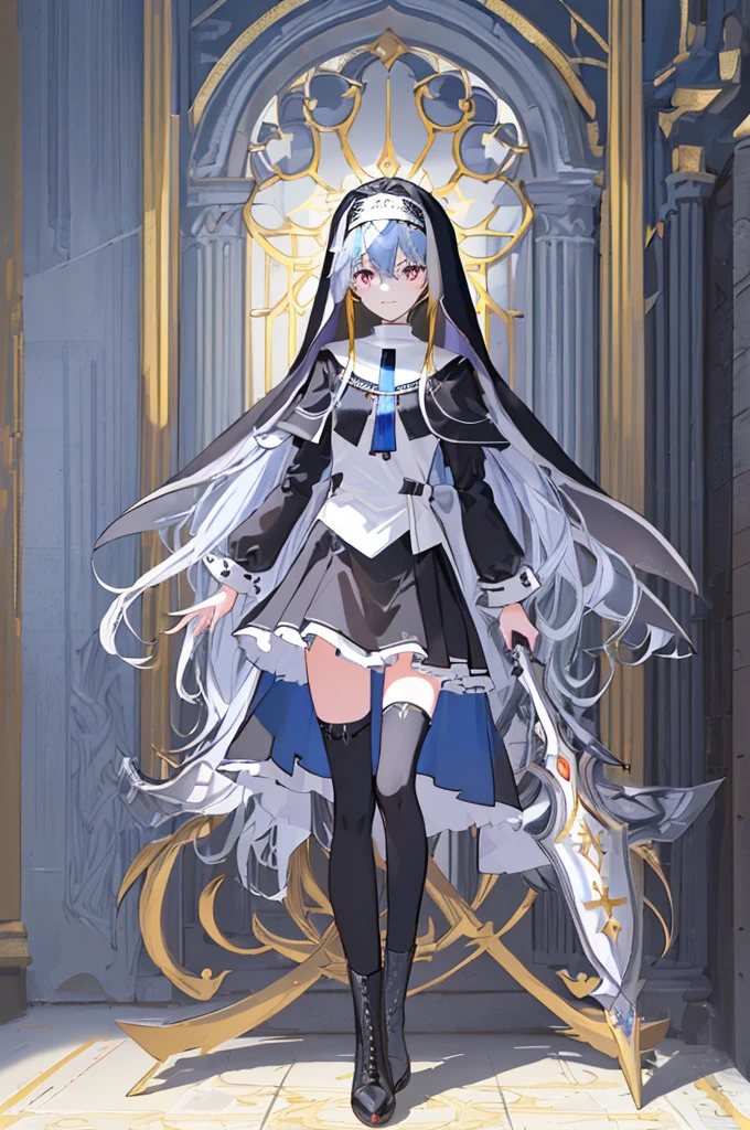 [(cathedral background:1.4)::5],Original,(Illustration:1.1),(Best Quality),(masutepiece:1.1),(the Extremely Detailed CG Unity 8K Wallpapers:1.1), (Colorful:0.9),(mid-shot:0.95),(Full body:1.5),Dynamic Angle,(Solo:1.2), (girl),(((Adult))), (Detailed beautiful eyes:1.15), (Beautiful face:1.15), (Glowing black eyes:1.25////),(Blue Long Hair),(nun headdress),(+perfect hand+:1.21),(Draw an illustration of a Holy Knight Wizard),(Religious),(slender),(she has boots on her feet),((I'm wearing black knee-high socks)),Smile,(Ruffled miniskirt with metal embellishments),beautiful slender adult,((theater background)),