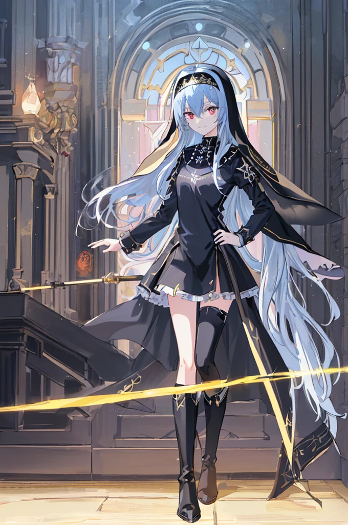 [(cathedral background:1.4)::5],Original,(Illustration:1.1),(Best Quality),(masutepiece:1.1),(the Extremely Detailed CG Unity 8K Wallpapers:1.1), (Colorful:0.9),(mid-shot:0.95),(Full body:1.5),Dynamic Angle,(Solo:1.2), (girl),(((Adult))), (Detailed beautiful eyes:1.15), (Beautiful face:1.15), (Glowing black eyes:1.25////),(Blue Long Hair),(nun headdress),(+perfect hand+:1.21),(Draw an illustration of a Holy Knight Wizard),(Religious),(slender),(she has boots on her feet),((I'm wearing black knee-high socks)),Smile,(Ruffled miniskirt with metal embellishments),beautiful slender adult,((theater background)),