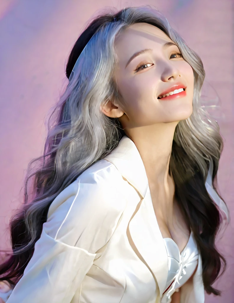 beautiful girl, long grey hair, beautiful face,smiling,close up to hips, beautiful breast, illustration,detailed textures(realists),ultra-detailed,portrait style,vivid colors,soft lighting, blushing, mature, hair fluttering, evening light , head band, ((half body)), wearing simple shirts , no bra, ((side profile until hips)), very shy, Couple, wedding style, Wedding dress, White Tuxedo, love confession, heart, pink, magic, kissing,