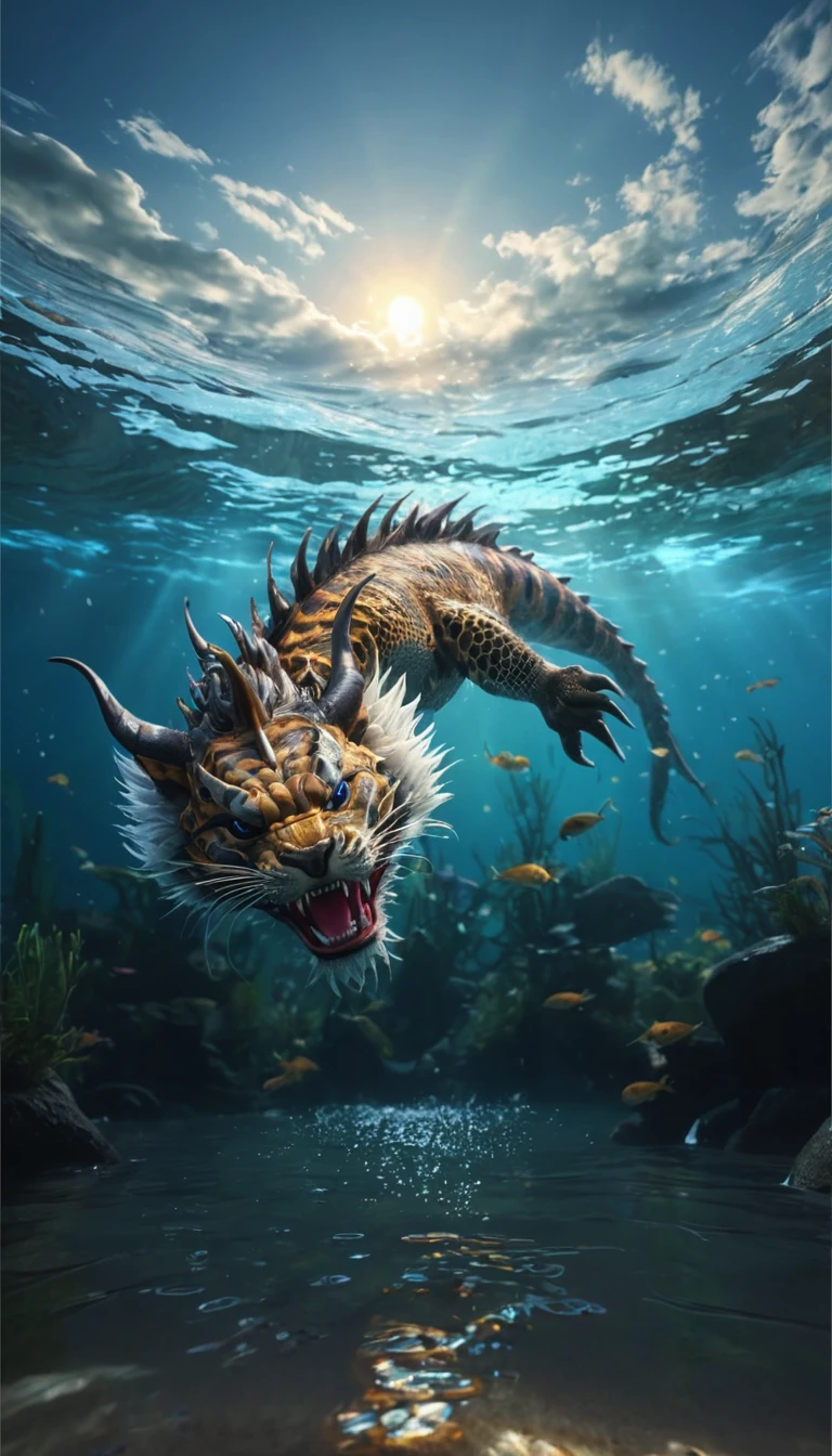 A mythical creature from the water(best quality,4K,8k,High level,masterpiece:1.2),Ultra Detailed,(lifelike,Photo real,Photo real:1.37),Highly detailed animals,Complex patterns,Realistic lighting,Fantasy Creatures