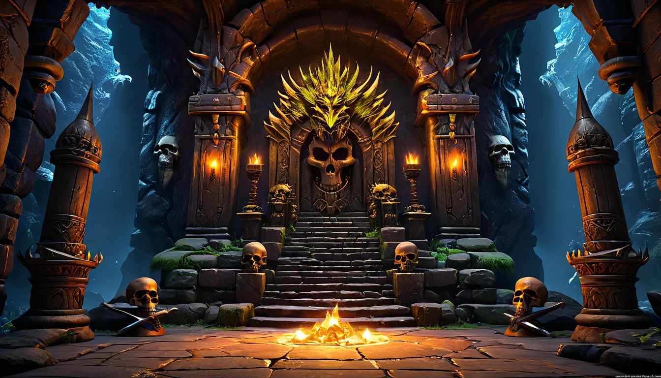 (dark fantasy 1.5, throne), (extremely detailed CG unity 8k wallpaper, masterpiece, best quality, ultra-detailed, depth of filed, HDR:1.2, high FXAA), vibrant colors, mysterious atmosphere, ((goblin king throne, goblin cave, totem, tribal, skull everywhere)), dark lighting:1.4, general shot, dungeon and dragons
