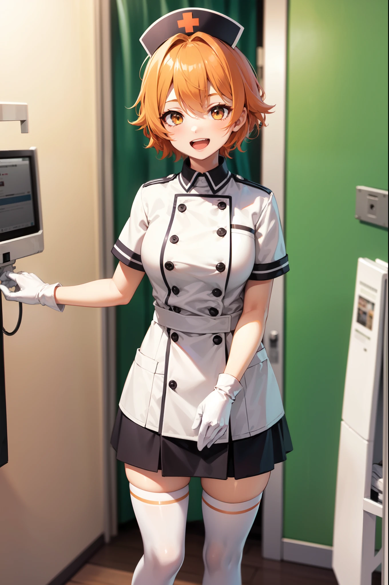 1girl, solo, nurse, nurse cap, white nurse uniform, ((white legwear, zettai ryouiki)), white gloves, very short hair, orange hair, smile, open mouth, standing, ((hospital room)), sharp outline, short sleeves, tomboy, boyish, best quality, masterpiece