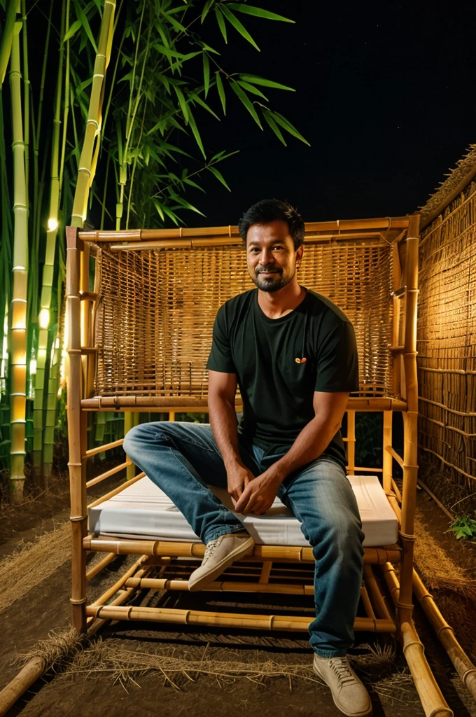 A farmer sit on the 6 fit tall bamboo cot which is made of only bambo in night to front of his field 