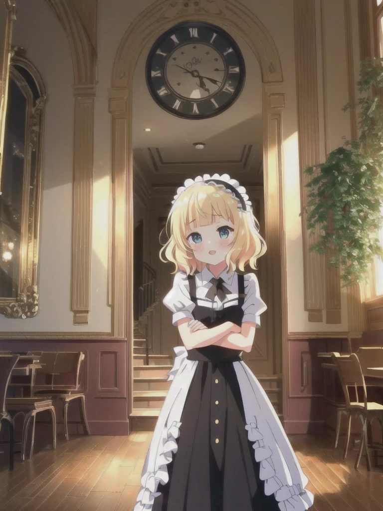 KirimaSharo, KirimaSharo, Gothic Maid:1.5, black and white contrast, ShaggyHair:1.3, (Highest quality:1.2), 8k, Absurd, anime, ShaggyHair:1.3, bangs, blunt bangs, (Blue eyes:1.1), Blonde, break looking at viewer, (Cowboy Shot:1.5), break (masterpiece:1.2), unity 8k wallpaper, (figure:0.8), (Beautiful attention to detail:1.6), Highly detailed face, Perfect lighting, Highly detailed CG, (Perfect hands, Perfect Anatomy), (3D Face:1.1), (Shiny skin:1.5), (Ultra-high resolution intricate face details), (Facial skin pores:1.3), Ultra high resolution cloth texture, Big smile, Blushing, Open your mouth, arms behind back, One girl, alone, ((The interior of the cafe with soft light shining in)), (There are many antique tables and chairs), ((Clock, houseplants, stairs, hanging L lights, (cafe supplies:1.2), shelves with coffee beans)).((reflect)), (masterpiece,best quality:1.4),super fine illustration,shiny skin,detailed skin,an extremely cute and beautiful girl,beautiful face,full body,standing