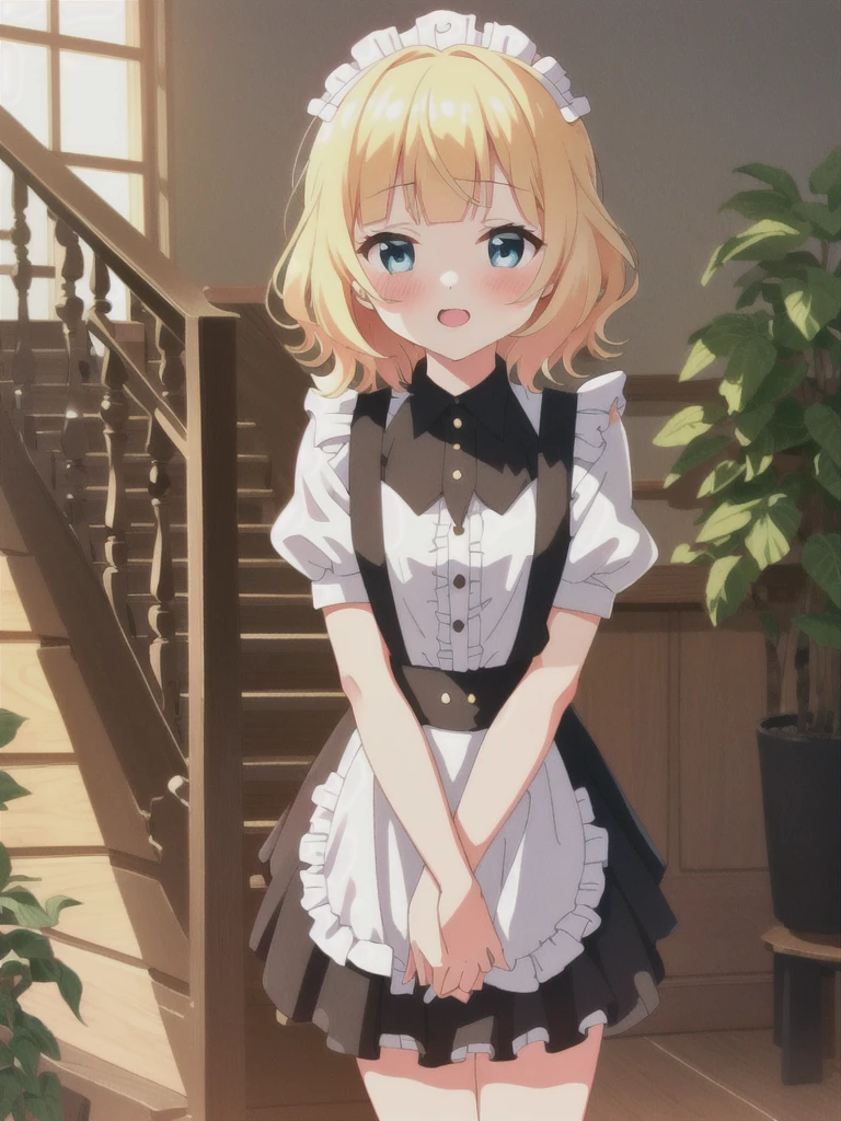 KirimaSharo, KirimaSharo, Gothic Maid:1.5, black and white contrast, ShaggyHair:1.3, (Highest quality:1.2), 8k, Absurd, anime, ShaggyHair:1.3, bangs, blunt bangs, (Blue eyes:1.1), Blonde, break looking at viewer, (Cowboy Shot:1.5), break (masterpiece:1.2), unity 8k wallpaper, (figure:0.8), (Beautiful attention to detail:1.6), Highly detailed face, Perfect lighting, Highly detailed CG, (Perfect hands, Perfect Anatomy), (3D Face:1.1), (Shiny skin:1.5), (Ultra-high resolution intricate face details), (Facial skin pores:1.3), Ultra high resolution cloth texture, Big smile, Blushing, Open your mouth, arms behind back, One girl, alone, ((The interior of the cafe with soft light shining in)), (There are many antique tables and chairs), ((Clock, houseplants, stairs, hanging L lights, (cafe supplies:1.2), shelves with coffee beans)).((reflect)), (masterpiece,best quality:1.4),super fine illustration,shiny skin,detailed skin,an extremely cute and beautiful girl,beautiful face,full body,standing