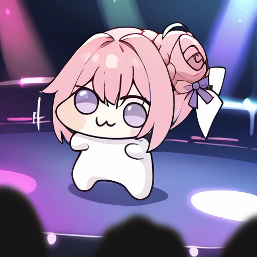 score_9, score_8_up, score_7_up, , BREAK,rating_safe,
spread legs,standing,
doro, creature, chibi, :3,pink hair, purple eyes, hair bun, hair bow,
arms up,
on stage, spotlight, nightclub,
notes, rhythm, YO,
crowded,
motion lines,
wide view,panorama,
enthusiastic floor,