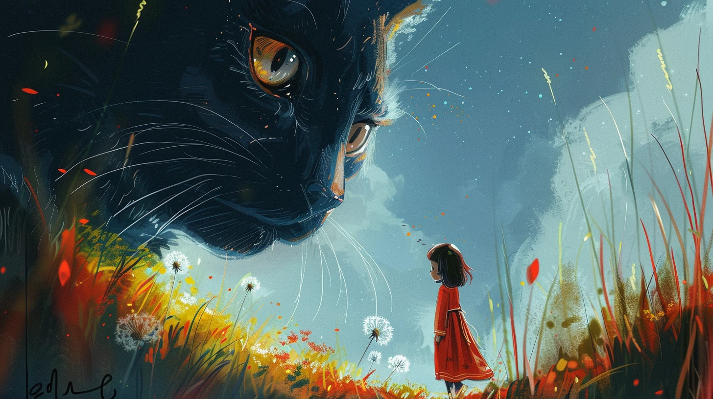 一只巨大的黑猫与穿着红裙的小女孩，童真与神秘交织成一幅温馨画面