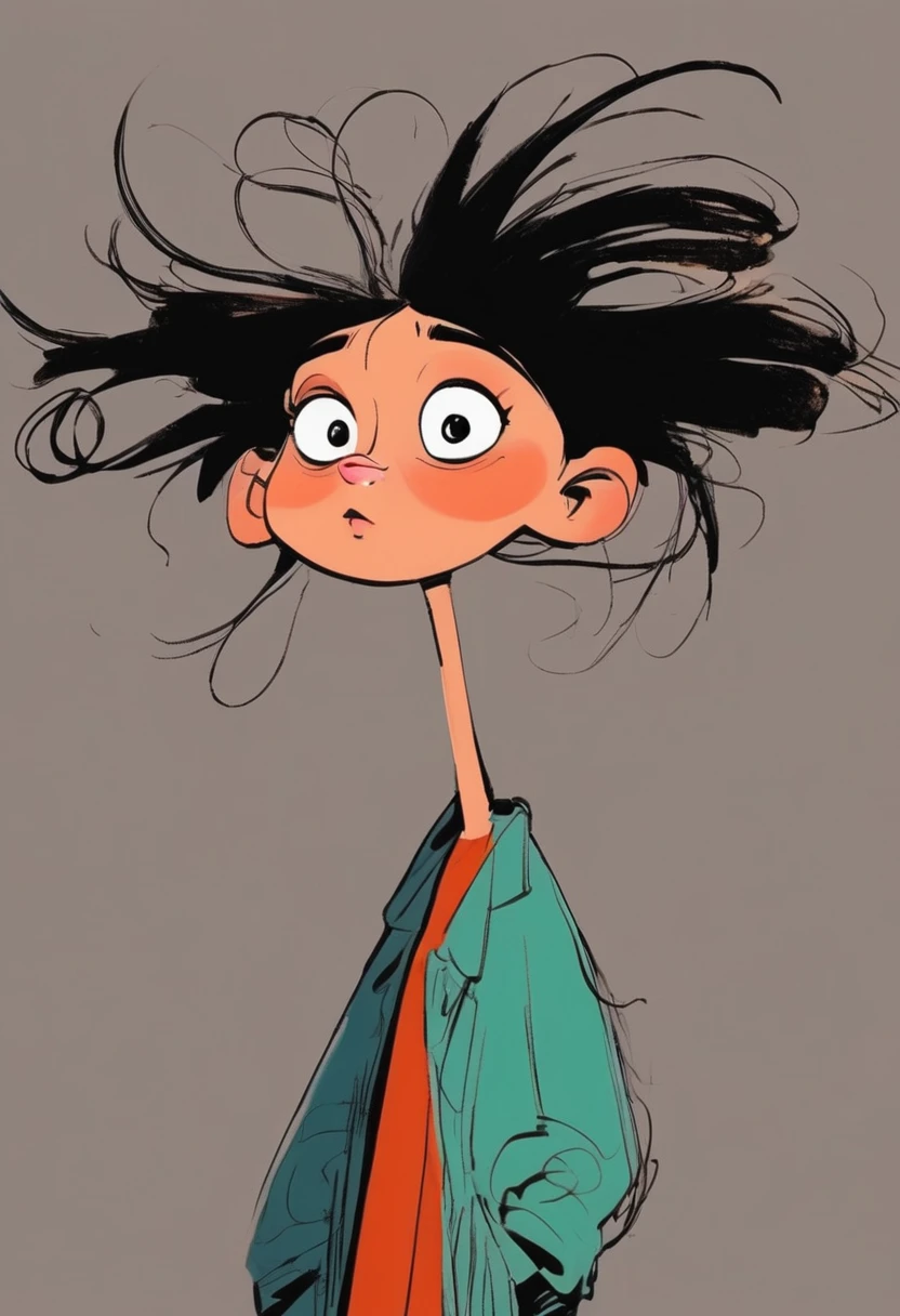 (((Digital character sketch:1.37,Matchstick Men))).(1 Girl,Solitary,big eyes,Pointed nose,(Exaggerated expression,Exaggerated hairstyle),Messy hair),(Black sketch lines,Loose brushstrokes create the outline,Cartoon Style. Bright colors and simplified lines, sketch)。(Exaggerated body movements),(Large area of blank)