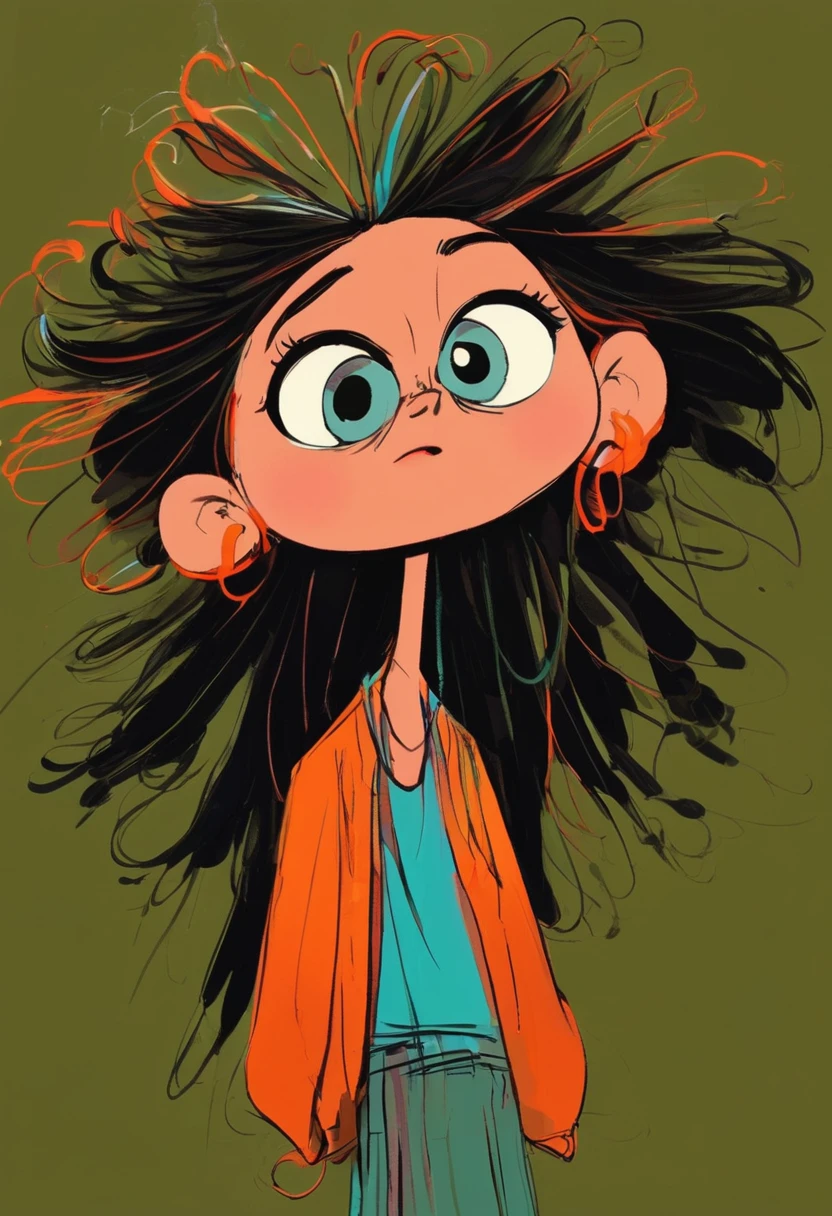 (((Digital character sketch:1.37,Matchstick Men))).(1 Girl,Solitary,big eyes,Pointed nose,(Exaggerated expression,Exaggerated hairstyle),Messy hair),(Black sketch lines,Loose brushstrokes create the outline,Cartoon Style. Bright colors and simplified lines, sketch)。(Exaggerated body movements),(Large area of blank)