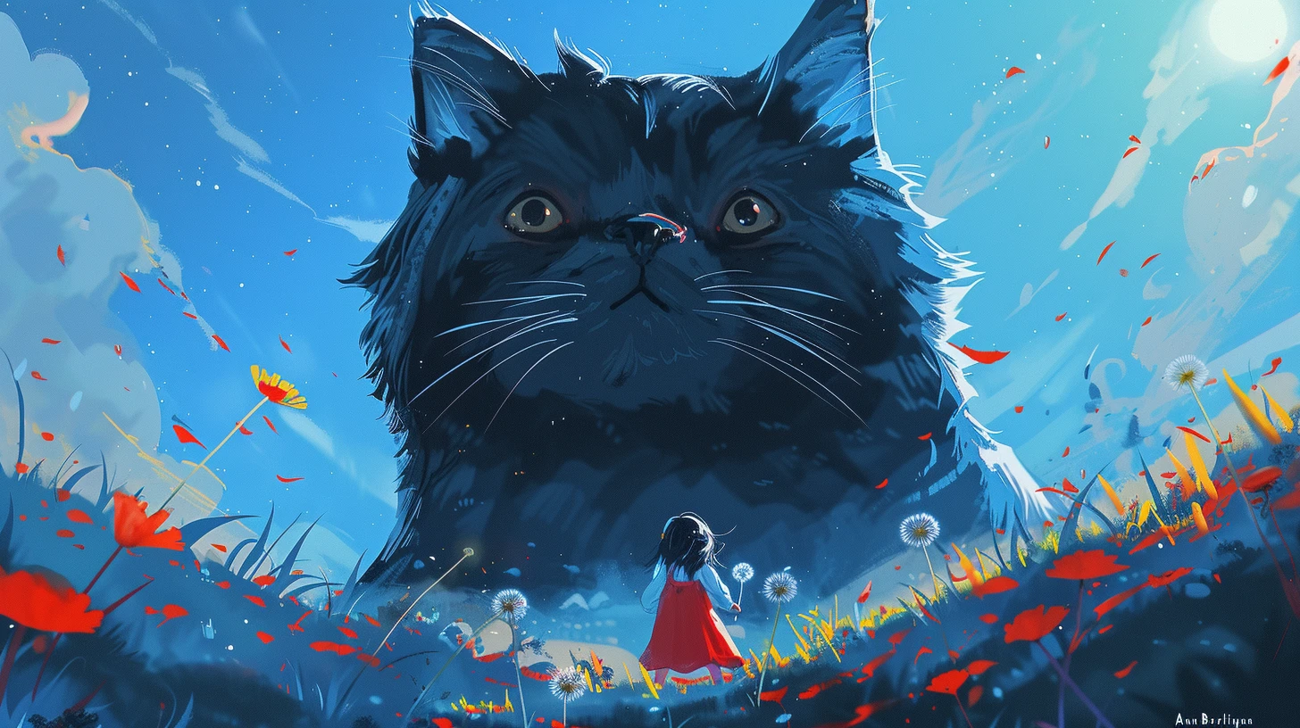 一只巨大的黑猫与穿着红裙的小女孩，童真与神秘交织成一幅温馨画面