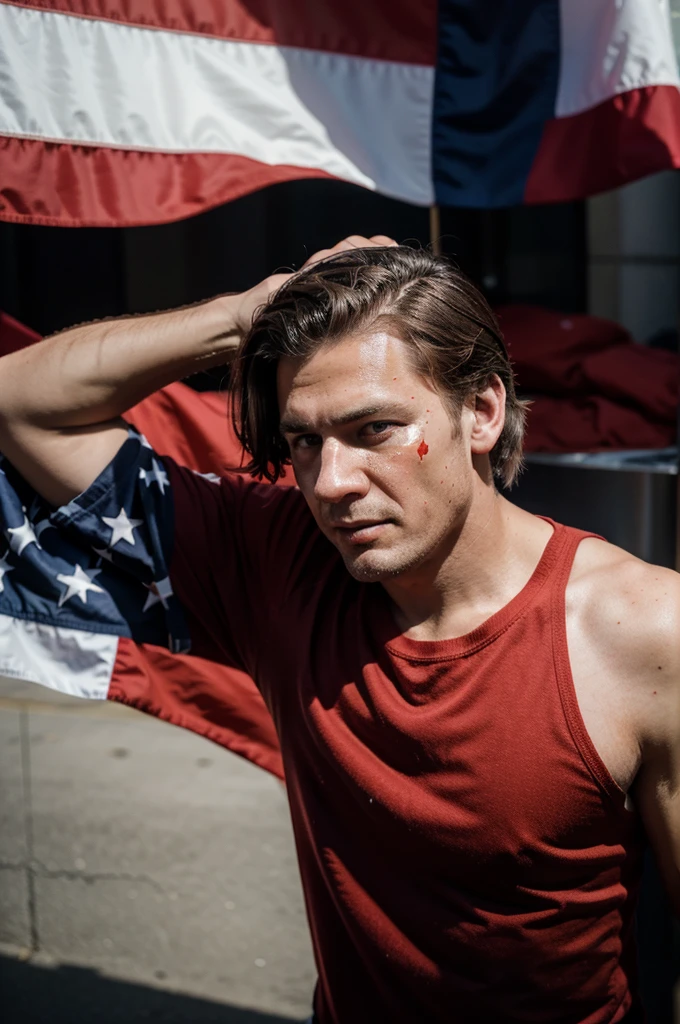 A scene depicting former U.S. President Donald Trump, despite having blood on his face, he is fearless and defiant, fighting back with a raised fist under the American flag. The background includes the American flag waving prominently, with Trump his face showing signs of injury but his spirit undaunted.