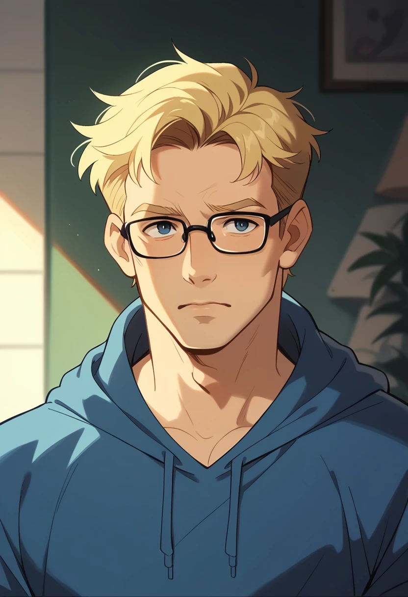 Human Male, Blonde hair , wearing blue hoodie, wearing Glasses  ,