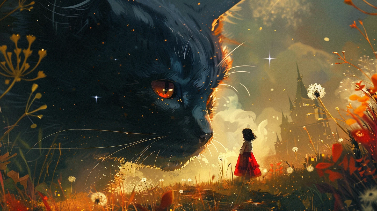 一只巨大的黑猫与穿着红裙的小女孩，童真与神秘交织成一幅温馨画面