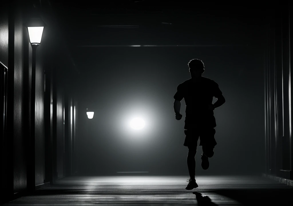 Alex running frantically through a dimly lit college hallway, the camera capturing the shaky and intense movement. The lights flicker intensely, and shadows seem to chase him."