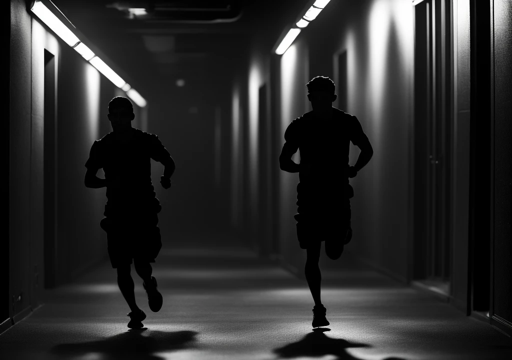 Alex running frantically through a dimly lit college hallway, the camera capturing the shaky and intense movement. The lights flicker intensely, and shadows seem to chase him."