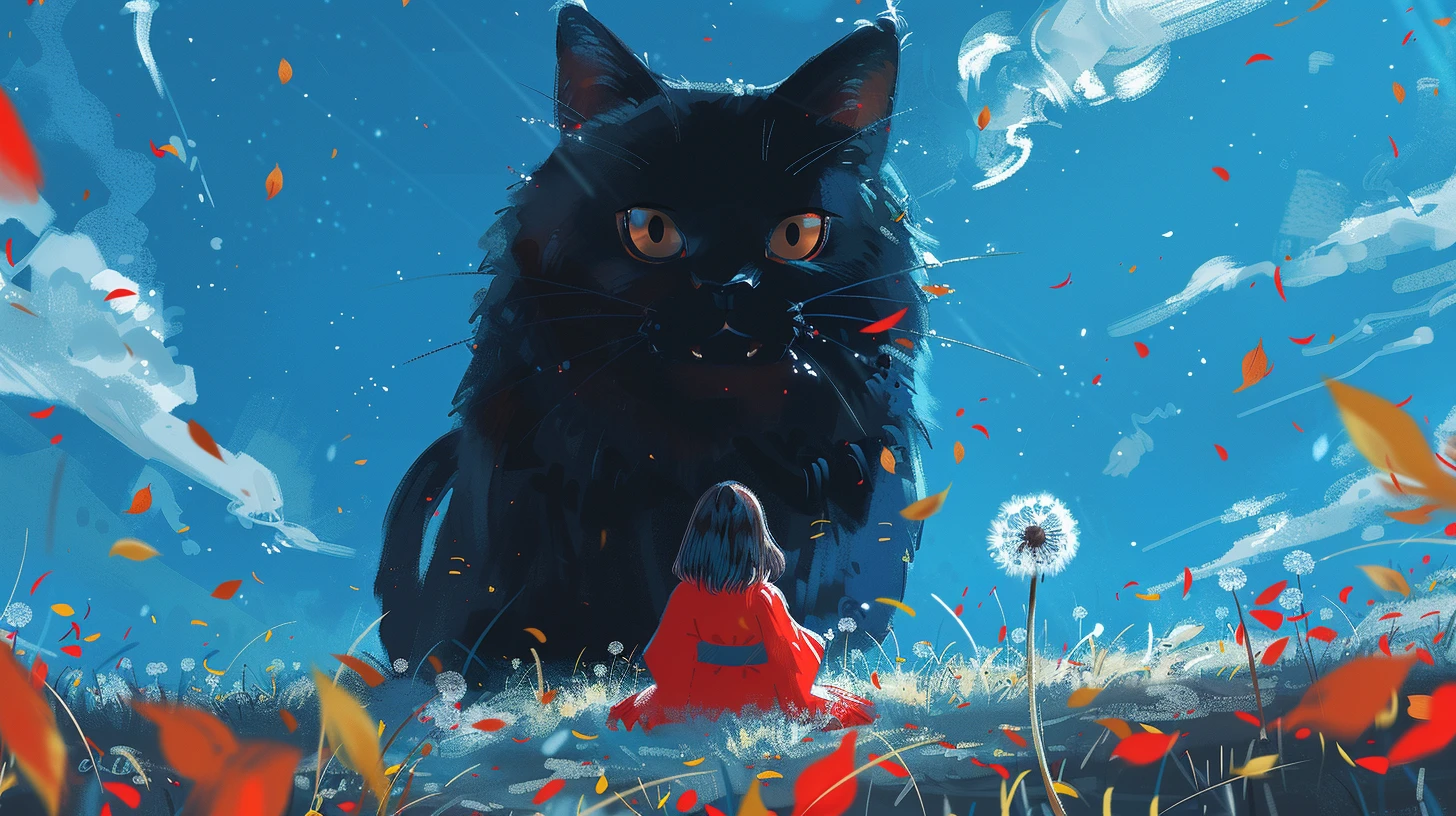 一只巨大的黑猫与穿着红裙的小女孩，童真与神秘交织成一幅温馨画面