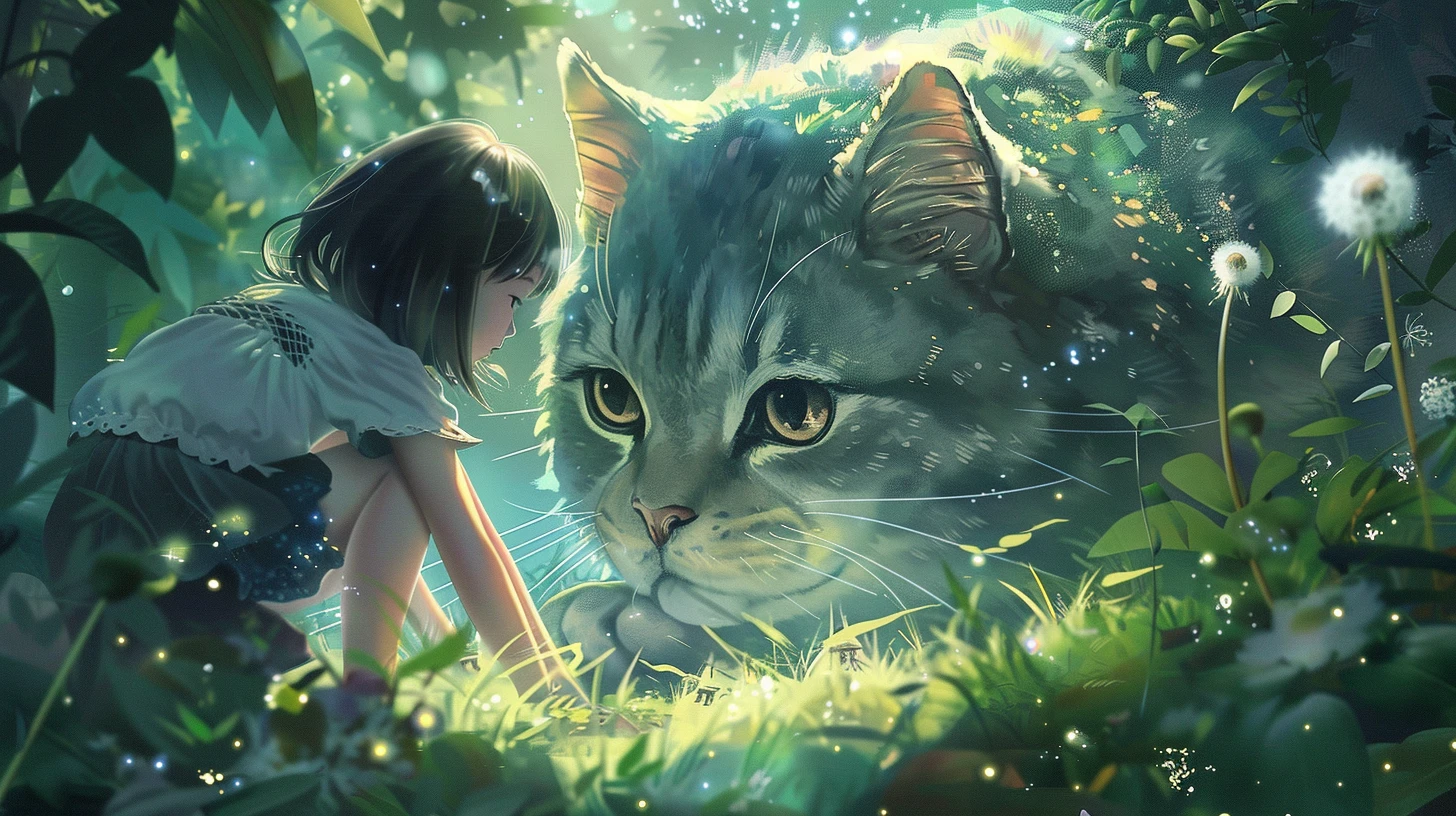 一只巨大的黑猫与穿着红裙的小女孩，童真与神秘交织成一幅温馨画面
