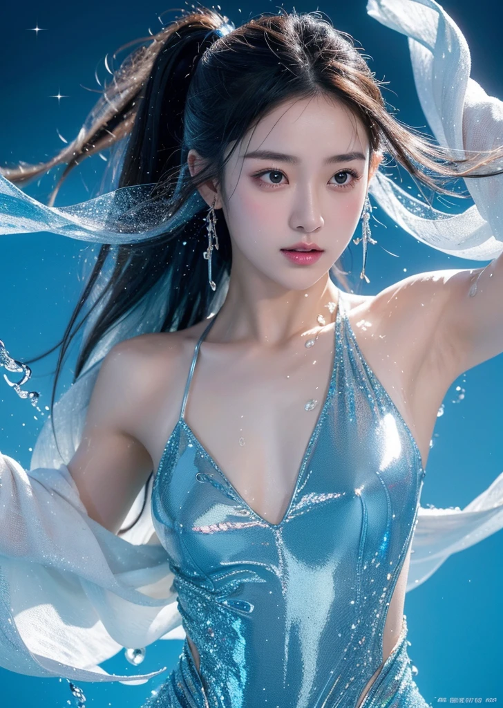 Diffuse lighting、 Highest quality, High resolution, unity 8k wallpaper、Supersaturation, Japanese、woman、1 person、２３age、Synchronized swimming athletes、World Congress、Serious expression、Colorful costumes、Sparkly costume、Water Drop、
