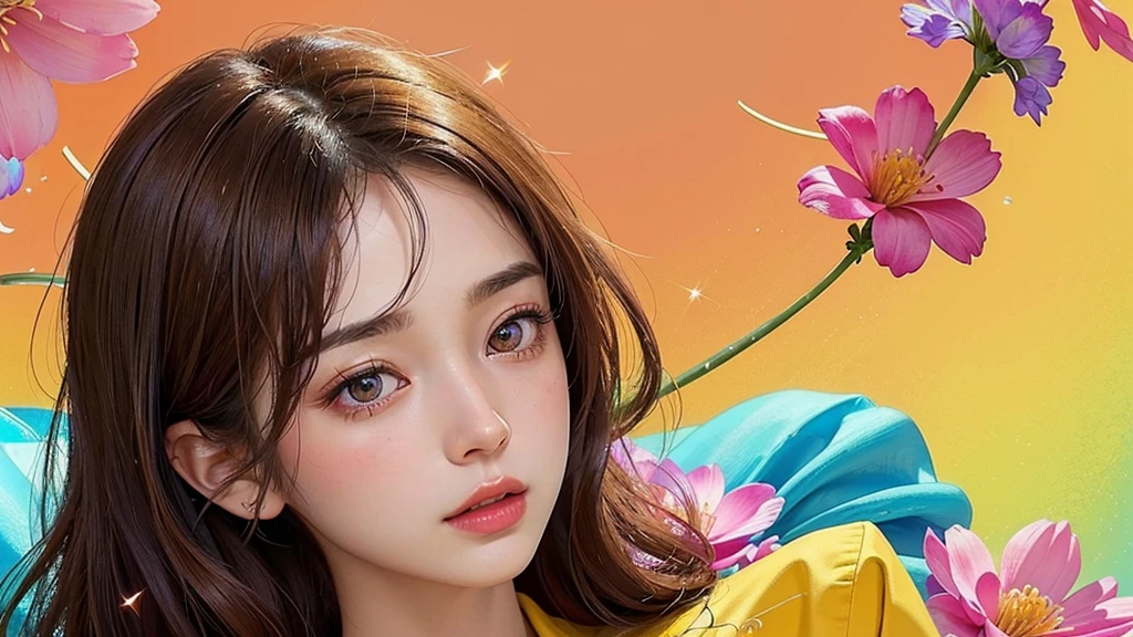One girl, alone, flower畑, flower, (Official Art, unity 8k wallpaper, Super detailed, beautifully、aesthetic, masterpiece ,Highest quality:1.3), (Dynamic Angle:1.4), (Floating colorful sparkles:1) , elegant, Vibrant colors, Highly detailed face, Detailed eyes, Glowing Skin, Glossy Lips , Red and yellow background, Brown short hair,