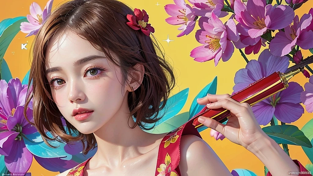 One girl, alone, flower畑, flower, (Official Art, unity 8k wallpaper, Super detailed, beautifully、aesthetic, masterpiece ,Highest quality:1.3), (Dynamic Angle:1.4), (Floating colorful sparkles:1) , elegant, Vibrant colors, Highly detailed face, Detailed eyes, Glowing Skin, Glossy Lips , Red and yellow background, Brown short hair,