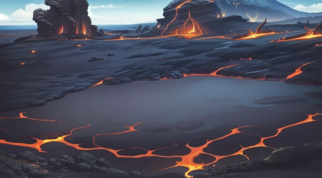 concept art, Horizontal Scene, horizon composition, There are no humans, sight, underground cave, rock, volcanic area, lava