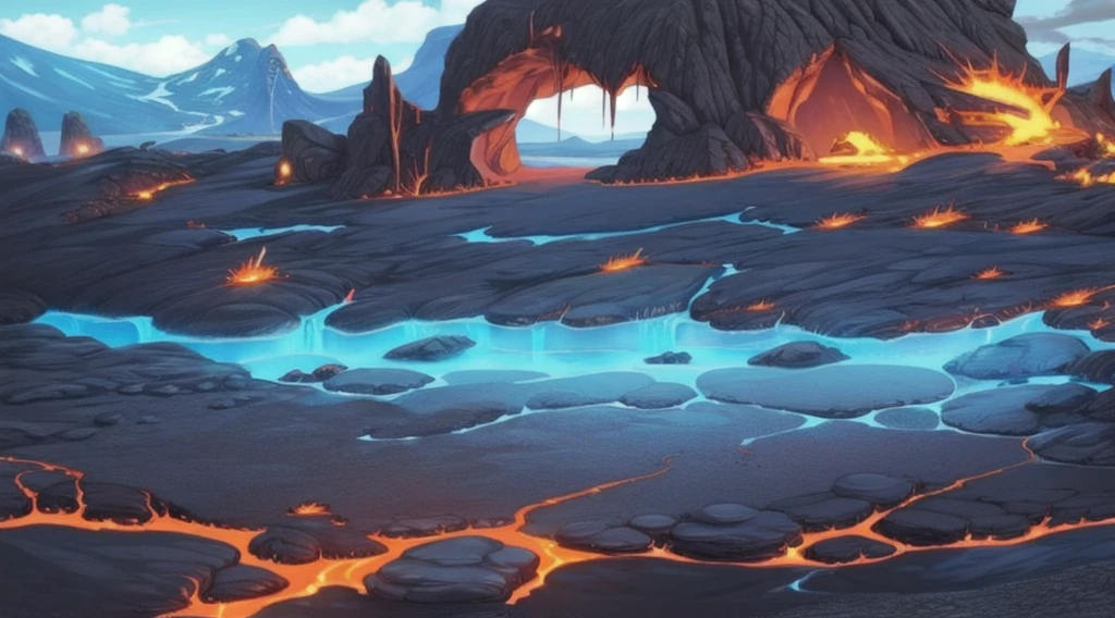 concept art, Horizontal Scene, horizon composition, There are no humans, sight, underground cave, rock, volcanic area, lava