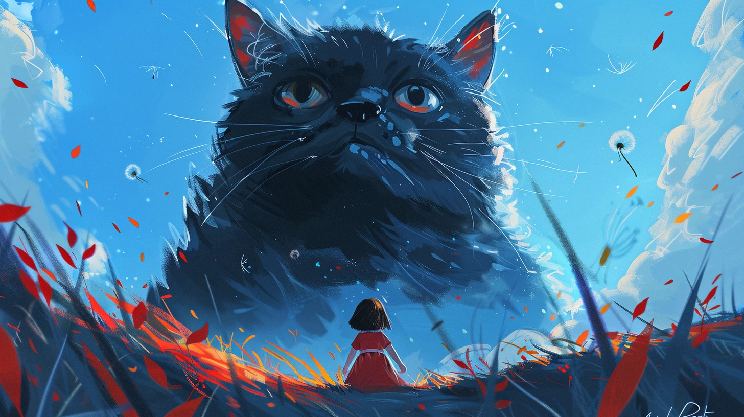 一只巨大的黑猫与穿着红裙的小女孩，童真与神秘交织成一幅温馨画面