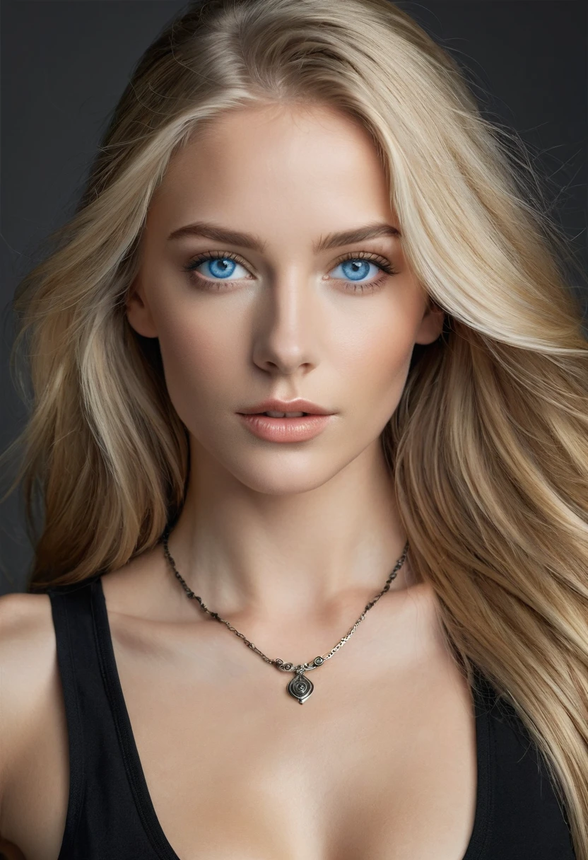 Portrait of a stunning woman with piercing grey blue eyes and long flowing blonde hair, wearing black tank-top, realistic, intricate details in the clothing and facial features, studio lighting to enhance the depth and realism of the image
