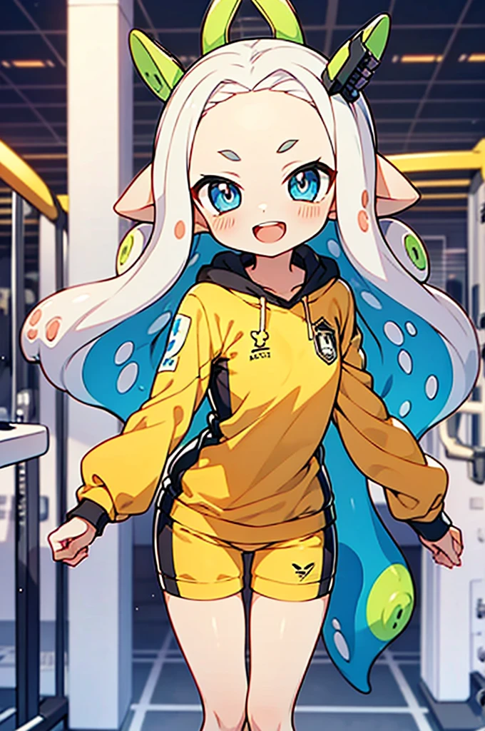 Super skillful anime illustration,Boxercise at the gym,
splatoon style,cute girl,white long Hair,shiny delta forehead,Bangs parted in middle of forehead,blue eyes,white battle suit,baby face,headgear,open mouth smile,thigh gap,