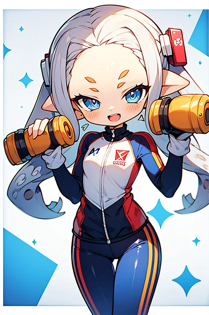 Super skillful anime illustration,Boxercise at the gym,
splatoon style,cute girl,white long Hair,shiny delta forehead,Bangs parted in middle of forehead,blue eyes,white battle suit,,headgear,open mouth smile,thigh gap,