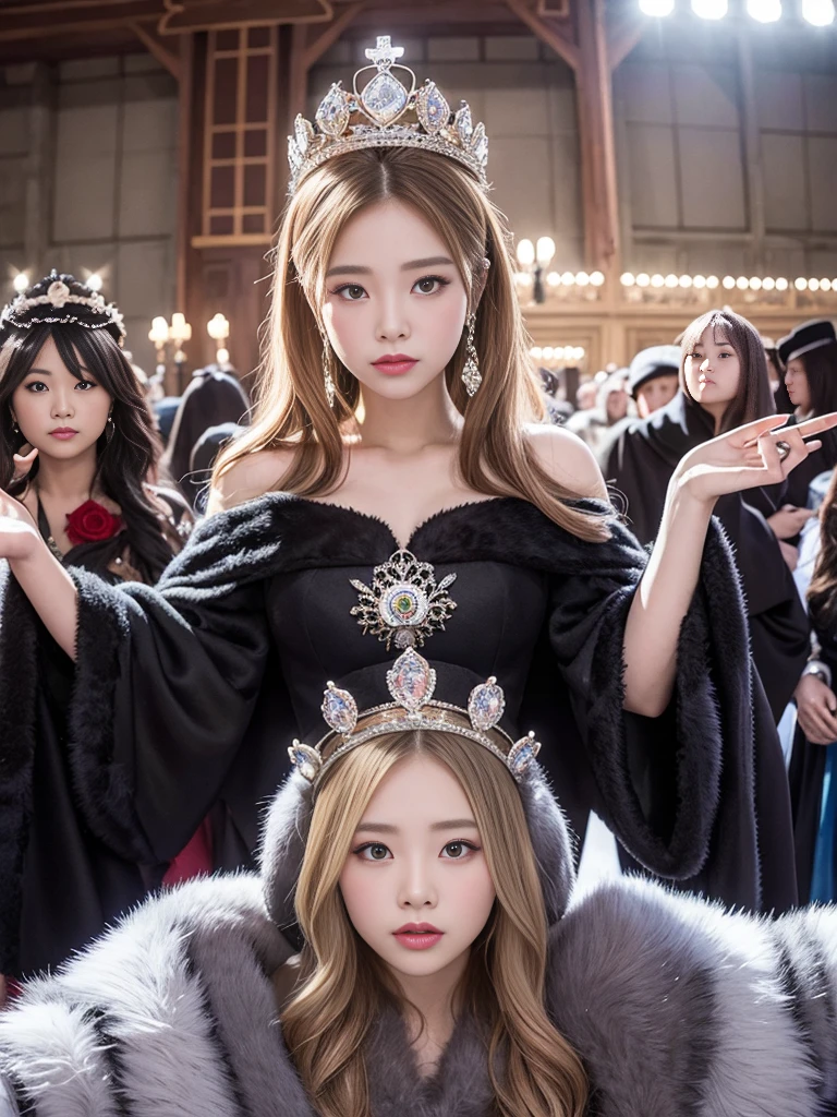 Queens in gorgeous dresses。Fur Cape。The Four Queens。Watching the audience。Stone and dark。Medieval prison。Fisheye Lens